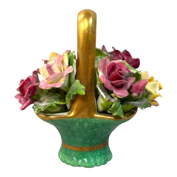 VT Crown Staffordshire Fine Bone China Flower Basket Roses Miniature Pink Yellow - Picture 1 of 8
